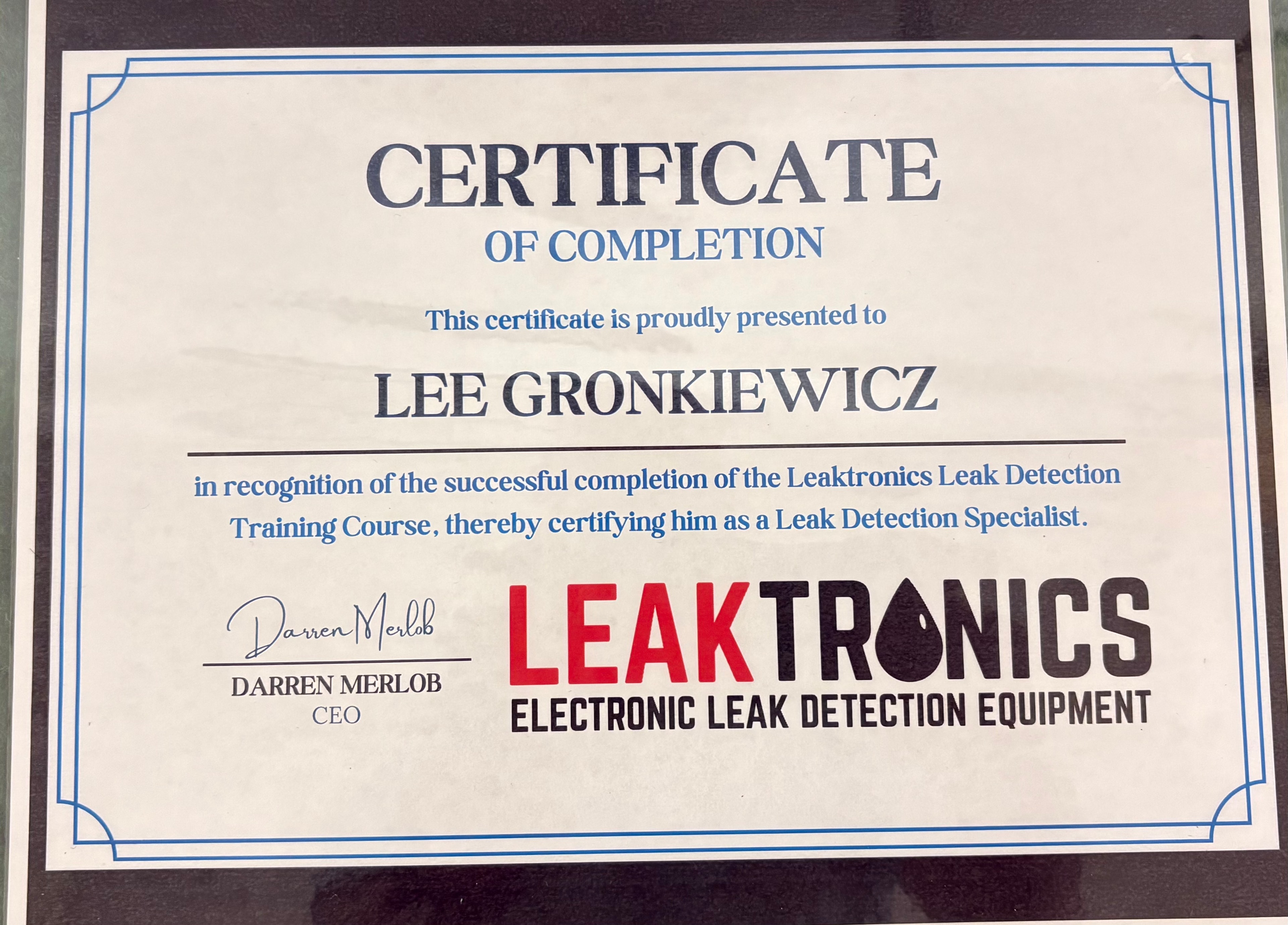 Leaktronics Leak Detection Specialist certificate awarded to Lee Gronkiewicz